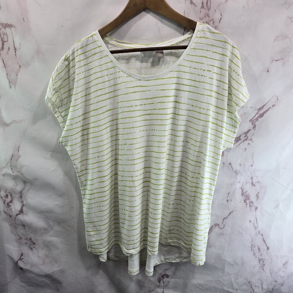 Chicos Shirt Womens 3 XL Green White Striped Tee Short Sleeve Cap Batwing